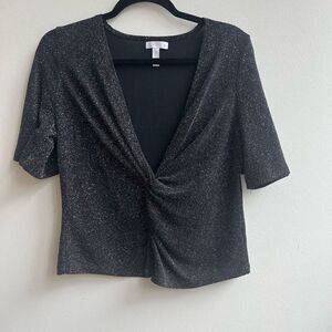 Leith Women's Black V-Neck Short Sleeve Multi Glitter Knot Hem Size Small